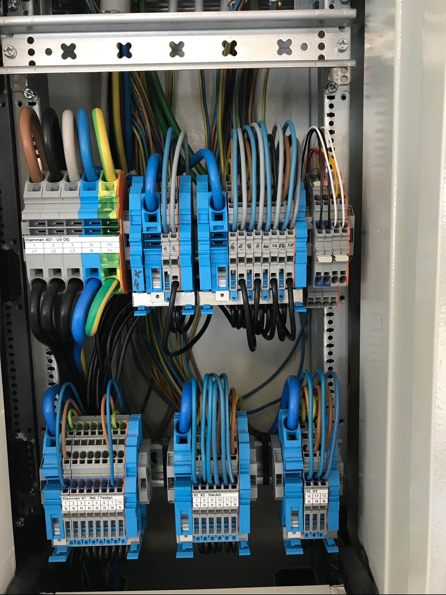 Rozdzielnica elektryczna z podłączonymi przewodami o różnych kolorach, widoczne listwy zaciskowe i oznaczenia kabli, instalacja w szarej obudowie.