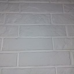 Osoba prywatna - Biała ściana z cegły dekoracyjnej z wyraźną fakturą i spoinami, oświetlona z góry.