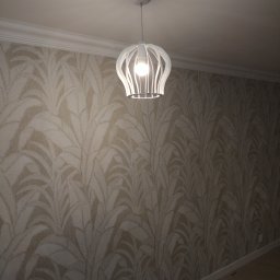 Osoba prywatna - Nowoczesna lampa wisząca z białym ażurowym kloszem, oświetlająca ścianę pokrytą tapetą w motywy roślinne, z widoczną listwą przypodłogową i fragmentem parkietu.