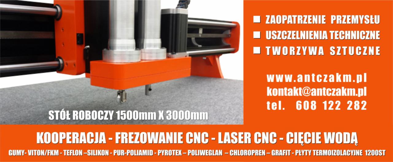 Stół roboczy CNC o wymiarach 1500mm x 3000mm, z elementami z tworzyw sztucznych, przeznaczony do frezowania laserowego i cięcia wodą.