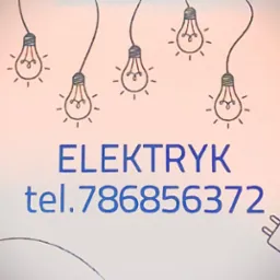 Ręcznie rysowana grafika z napisem 'ELEKTRYK' i numerem telefonu, ozdobiona motywami żarówek na kablach i wtyczek elektrycznych.