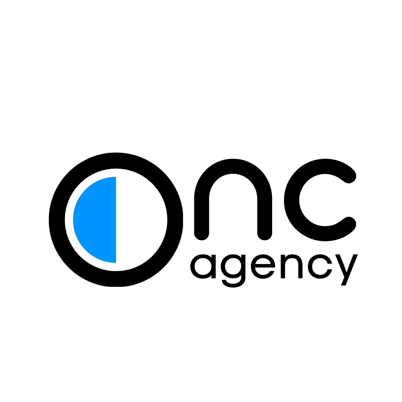 Logo agencji interaktywnej: czarny okrąg z niebieskim półkolem wewnątrz, obok napis 'onc agency' czcionką bezszeryfową.