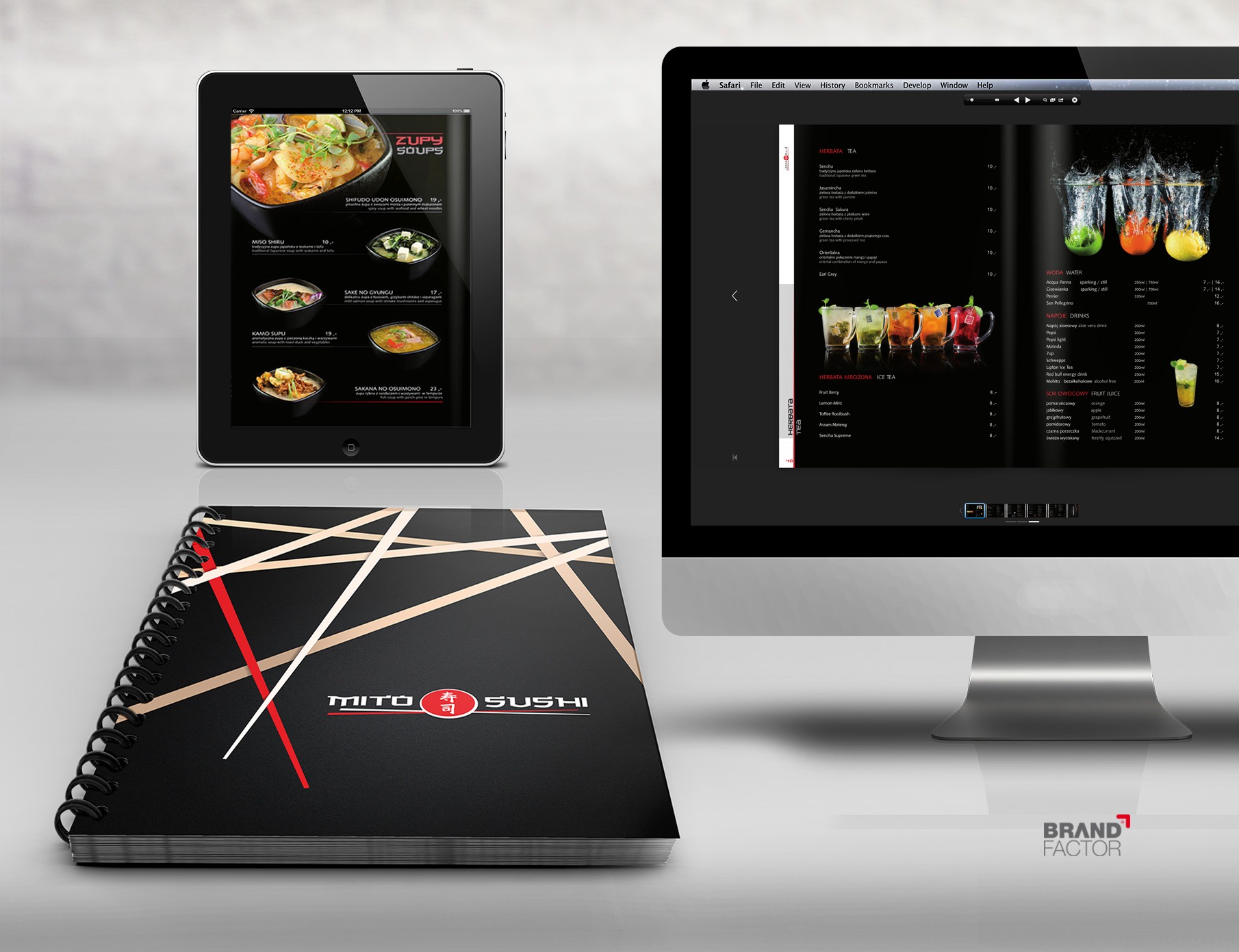 Makieta katalogu restauracji japońskiej Mito Sushi, prezentowana na tablecie i monitorze, z widocznymi stronami menu z zupami, herbatami i napojami.