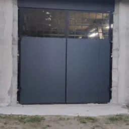 Dwuskrzydłowa, szara brama wjazdowa z metalową kratą w górnej części, zamontowana w szarej, betonowej ścianie budynku z szarym dachem.