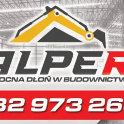 Logo firmy budowlanej ALPER z grafiką koparki na tle hali przemysłowej, z hasłem 'Pomocna dłoń w budownictwie' i numerem telefonu.