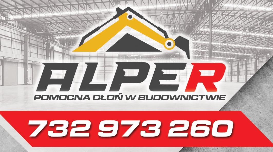 Logo firmy budowlanej ALPER z grafiką koparki na tle hali przemysłowej, z hasłem 'Pomocna dłoń w budownictwie' i numerem telefonu.