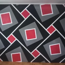 Ściana z geometrycznym wzorem w kolorach czarnym, szarym i czerwonym, oddzielone białymi liniami, widok na fragment pokoju z zasłoną i meblami w tle