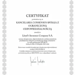 Skan certyfikatu ubezpieczenia odpowiedzialności cywilnej zawodowej dla przedsiębiorcy prowadzącego księgi rachunkowe, wystawiony przez Lloyd's Insurance Company S.A. dla Kancelarii Consensus...
