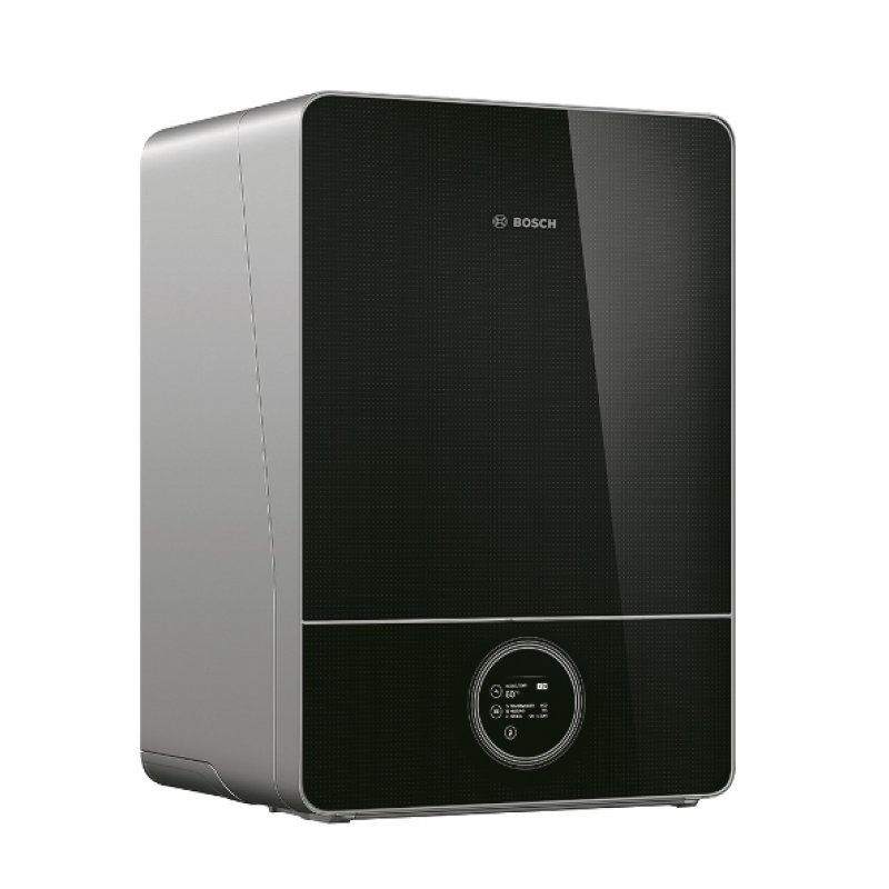 Kompaktowy, wiszący piec gazowy Bosch z czarnym panelem i cyfrowym wyświetlaczem temperatury, prezentowany na białym tle.