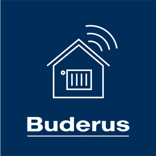 Logo Buderus: biały kontur domu z grzejnikiem i sygnałem Wi-Fi na granatowym tle.