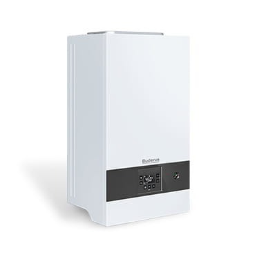 Biały, kondensacyjny piec gazowy marki Buderus z czarnym panelem sterowania, widoczny z boku na białym tle.