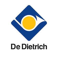 Logo firmy De Dietrich: niebieski romb z zaokrąglonymi rogami, żółte koło wewnątrz i stylizowany biały element, nazwa firmy poniżej.