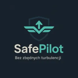 Logo SafePilot: stylizowany symbol lotu (strzałka/skrzydła) w tarczy, napis 'SafePilot' i hasło 'Bez zbędnych turbulencji' na ciemnym tle.