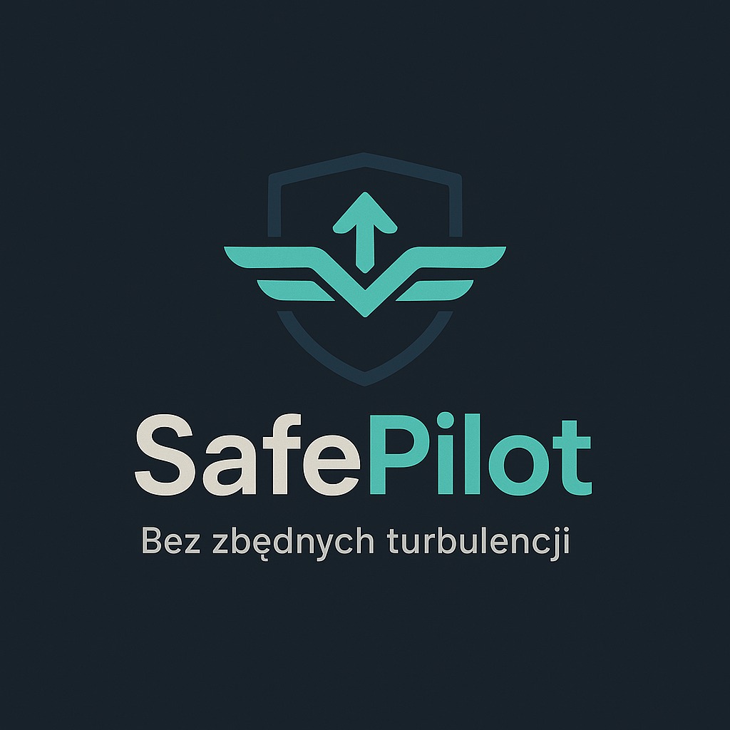Logo SafePilot: stylizowany symbol lotu (strzałka/skrzydła) w tarczy, napis 'SafePilot' i hasło 'Bez zbędnych turbulencji' na ciemnym tle.