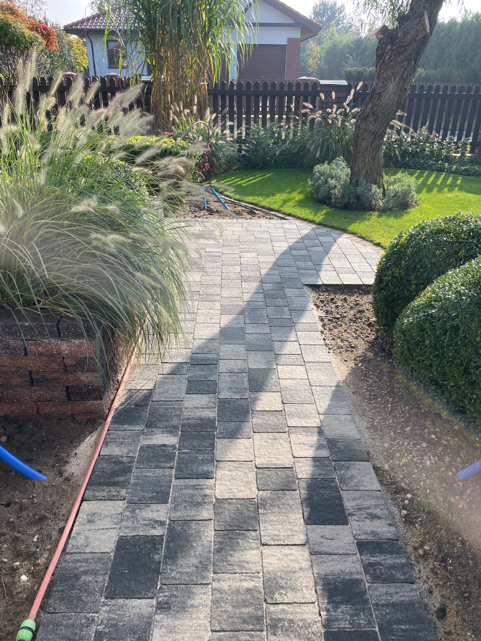 Ścieżka z dwukolorowej kostki brukowej prowadząca przez zadbany ogród w Koninie, z widocznymi elementami nawadniania i roślinnością ozdobną.