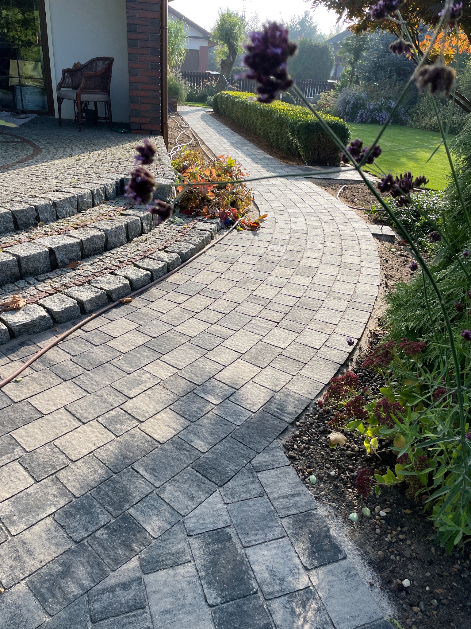Zakrzywiony chodnik z szarej kostki prowadzący od schodów do ogrodu, z widocznymi kwiatami i krzewami po bokach.