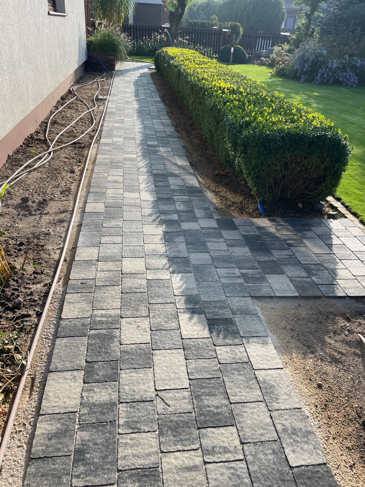 Ułożona ścieżka z szaro-czarnej kostki, obok trawnik i żywopłot, widoczne ślady prac ziemnych.