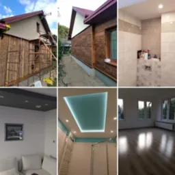 Kolaż sześciu zdjęć przedstawiających etapy remontu domu: elewacja z drewnianą okładziną w trakcie montażu, wykończona łazienka z beżowymi płytkami, salon z szarą ścianą i obrazem, łazienka...