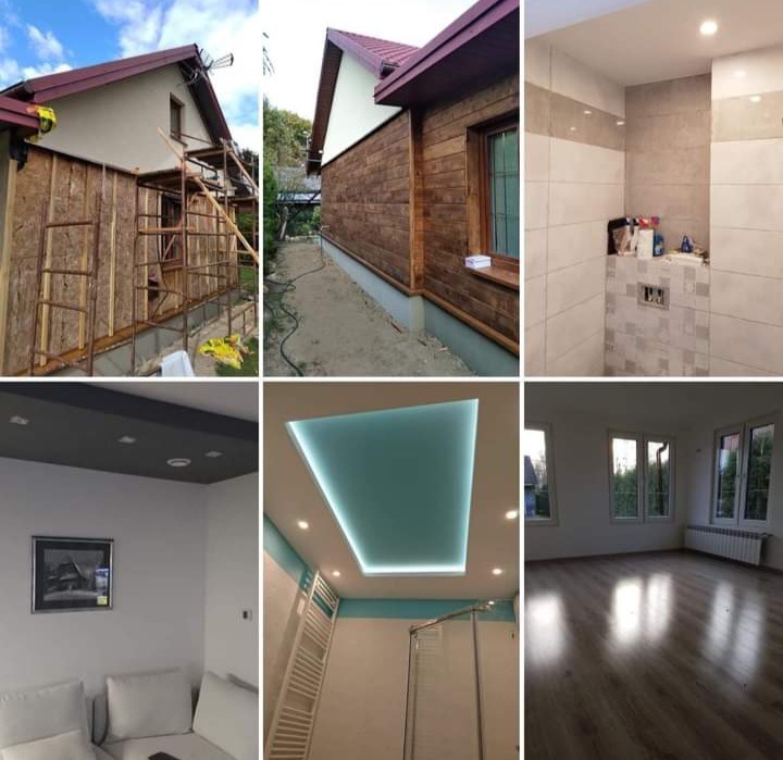 Kolaż sześciu zdjęć przedstawiających etapy remontu domu: elewacja z drewnianą okładziną w trakcie montażu, wykończona łazienka z beżowymi płytkami, salon z szarą ścianą i obrazem, łazienka...