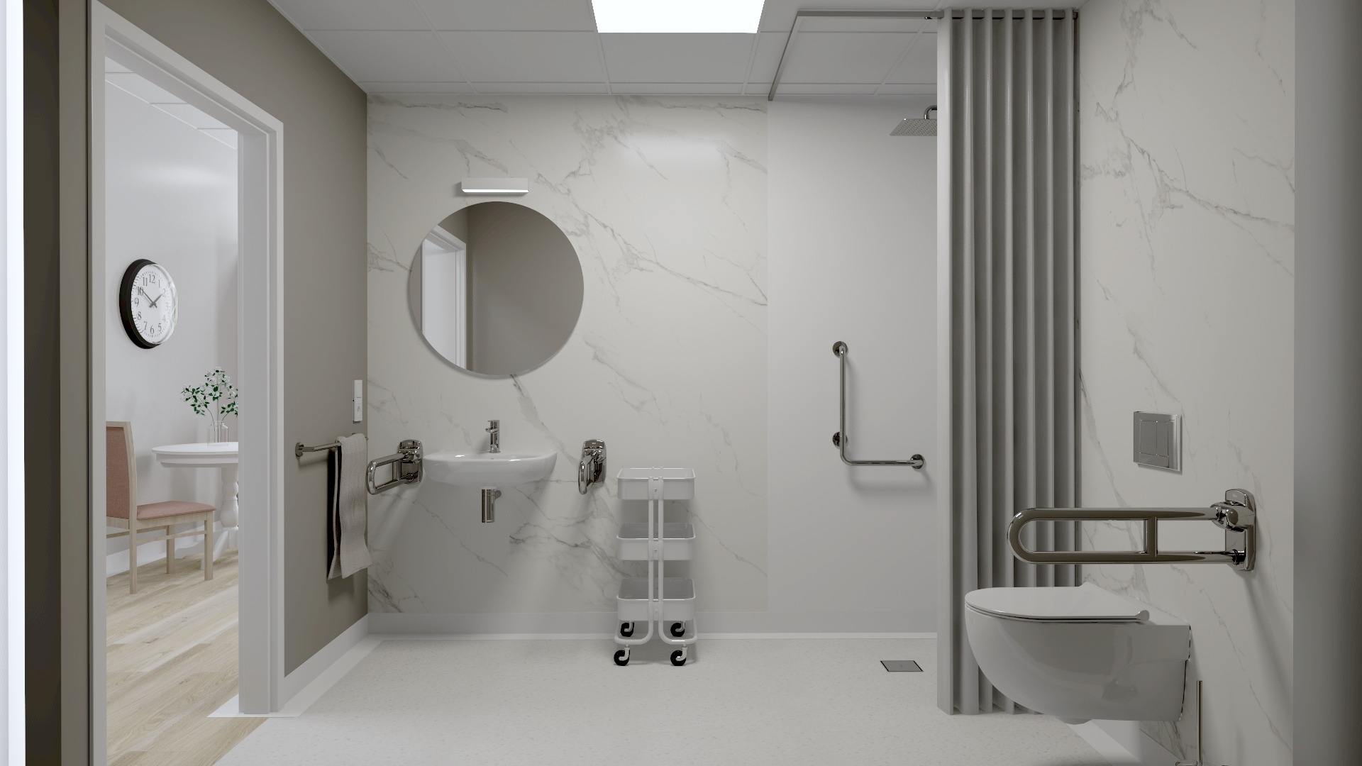 Nowoczesna łazienka dostosowana dla osób z niepełnosprawnościami, z umywalką, toaletą i prysznicem wyposażonymi w uchwyty, marmurowe ściany i wózek na kółkach.