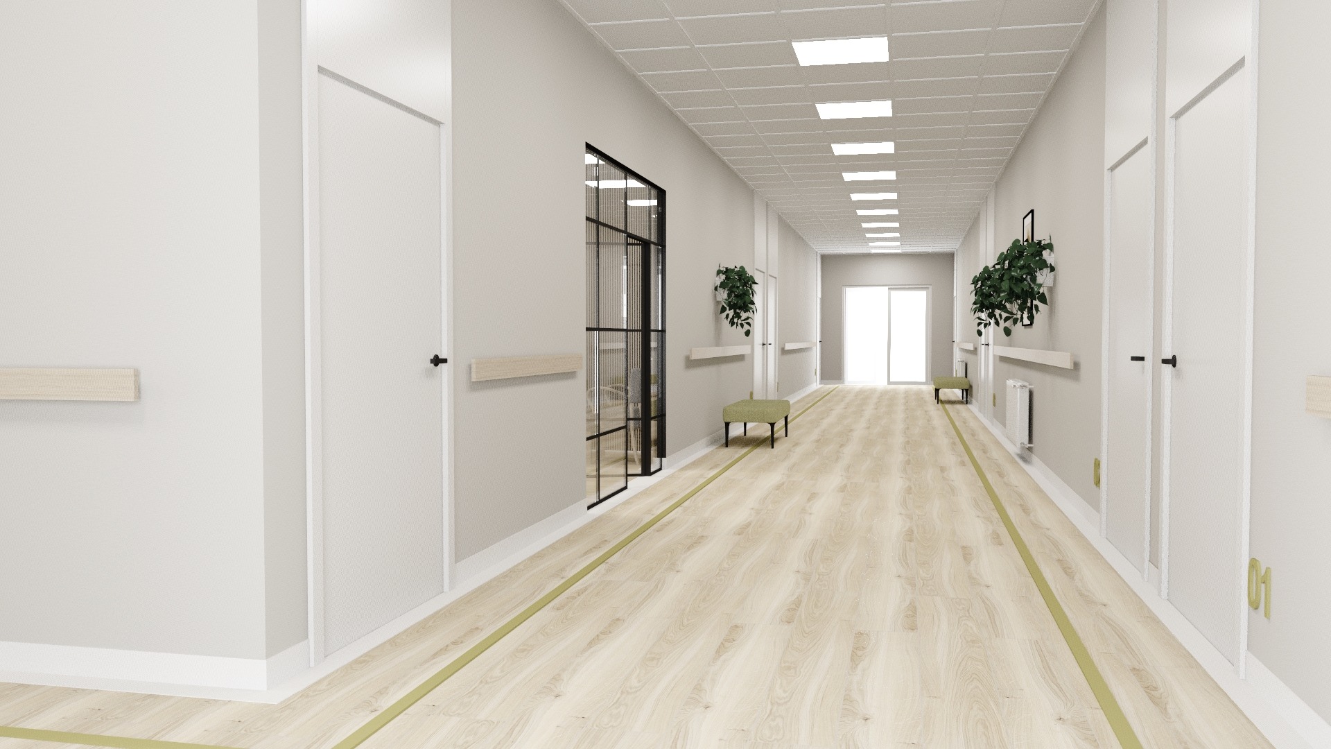 Korytarz w placówce medycznej z jasną podłogą, białymi ścianami i drzwiami, roślinami doniczkowymi na ścianach, ławeczkami i czarną, przeszkloną ścianą działową.