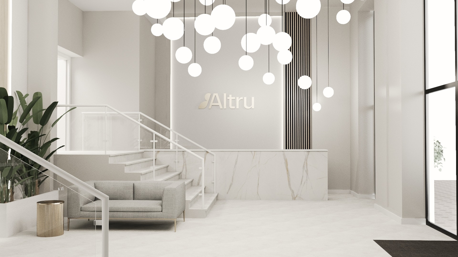 Jasne, minimalistyczne wnętrze recepcji z marmurową ladą, logo 'Altru' na ścianie, schodami z białą balustradą, szarą sofą i dekoracyjną lampą kulistą
