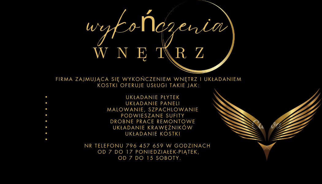 Grafika reklamowa firmy oferującej wykończenia wnętrz, z logo w złotych barwach i listą usług takich jak układanie płytek, paneli, malowanie, szpachlowanie, podwieszane sufity oraz układanie kostki...