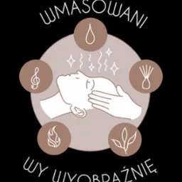 Ilustracja przedstawiająca osobę podczas zabiegu relaksacyjnego z elementami aromaterapii, symbolizowanymi przez ikonki kropli, nuty muzycznej, płomienia, liści i pędzli, otoczone napisem...