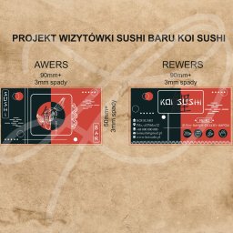Zuzanna Pietrzycka - Projekt dwustronnej wizytówki dla baru sushi Koi Sushi, z elementami graficznymi w stylu japońskim, widoczne wymiary projektu.