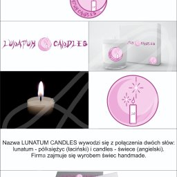 Zuzanna Pietrzycka - Zestawienie elementów identyfikacji wizualnej marki świec handmade: logo, nazwa, opakowanie produktu, płonąca świeca oraz wizytówki, wszystko utrzymane w odcieniach fioletu.