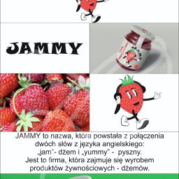 Zuzanna Pietrzycka - Zestawienie elementów identyfikacji wizualnej marki dżemów: logo z antropomorficzną truskawką, słoik dżemu z etykietą, świeże truskawki, tekst informacyjny o nazwie marki oraz silikonowe...