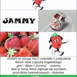 Zestawienie elementów identyfikacji wizualnej marki dżemów: logo z antropomorficzną truskawką, słoik dżemu z etykietą, świeże truskawki, tekst informacyjny o nazwie marki oraz silikonowe...