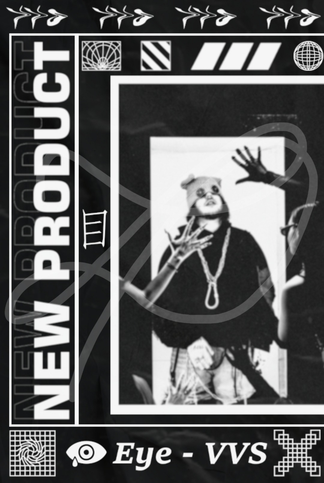 Czarno-biały plakat reklamowy nowego produktu 'Eye - VVS' z abstrakcyjnymi grafikami i postacią w masce otoczoną rękami.