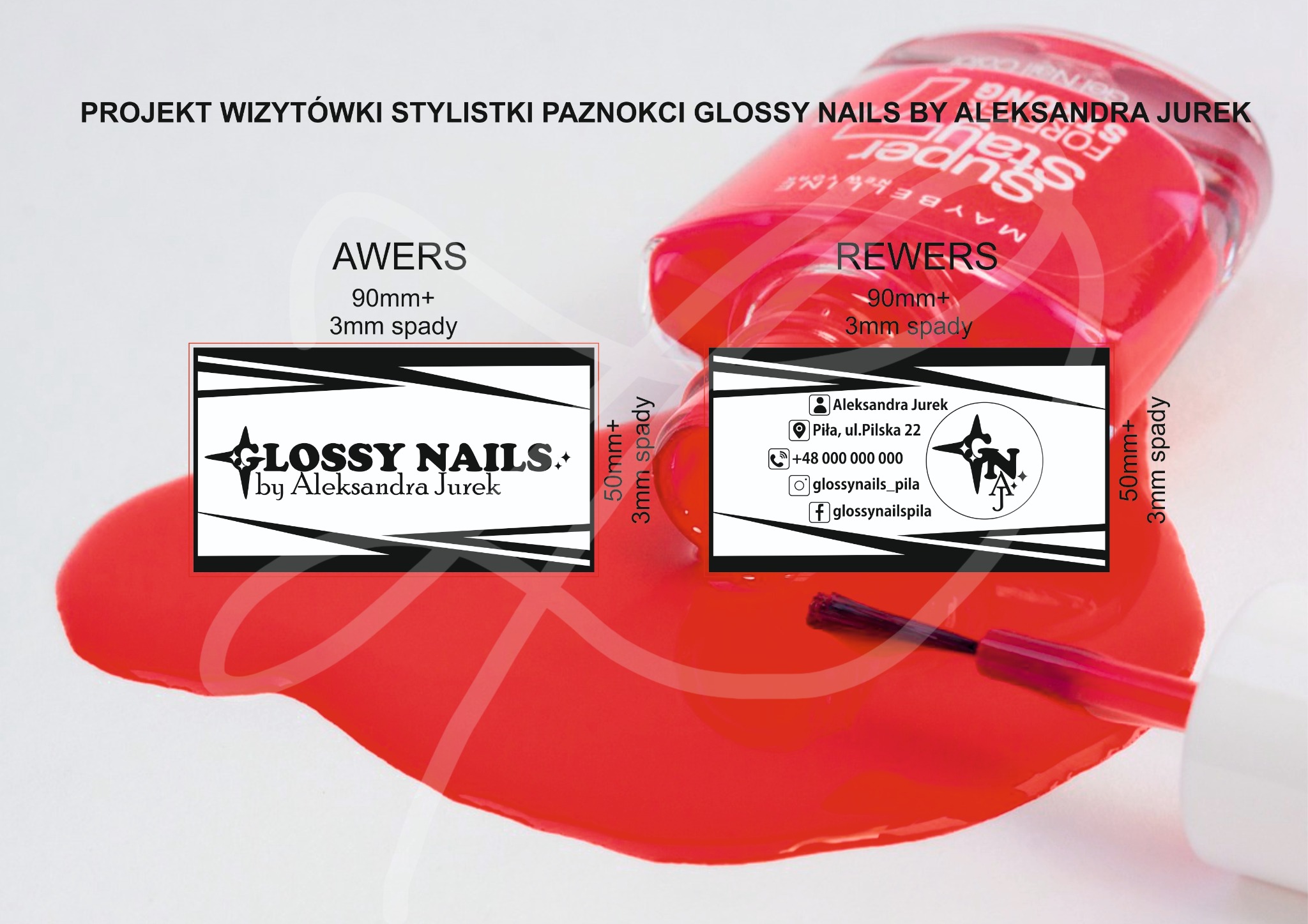 Projekt wizytówki stylistki paznokci z awersem i rewersem, prezentowany na tle rozlanego czerwonego lakieru do paznokci i buteleczki lakieru Maybelline.