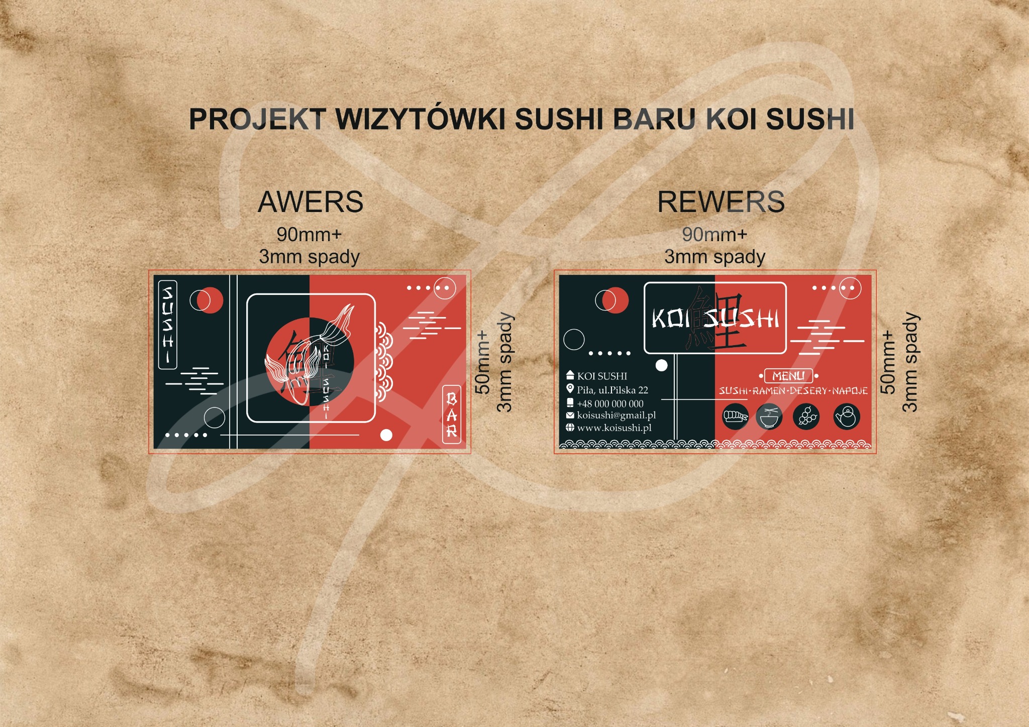 Projekt dwustronnej wizytówki dla baru sushi Koi Sushi, z elementami graficznymi w stylu japońskim, widoczne wymiary projektu.