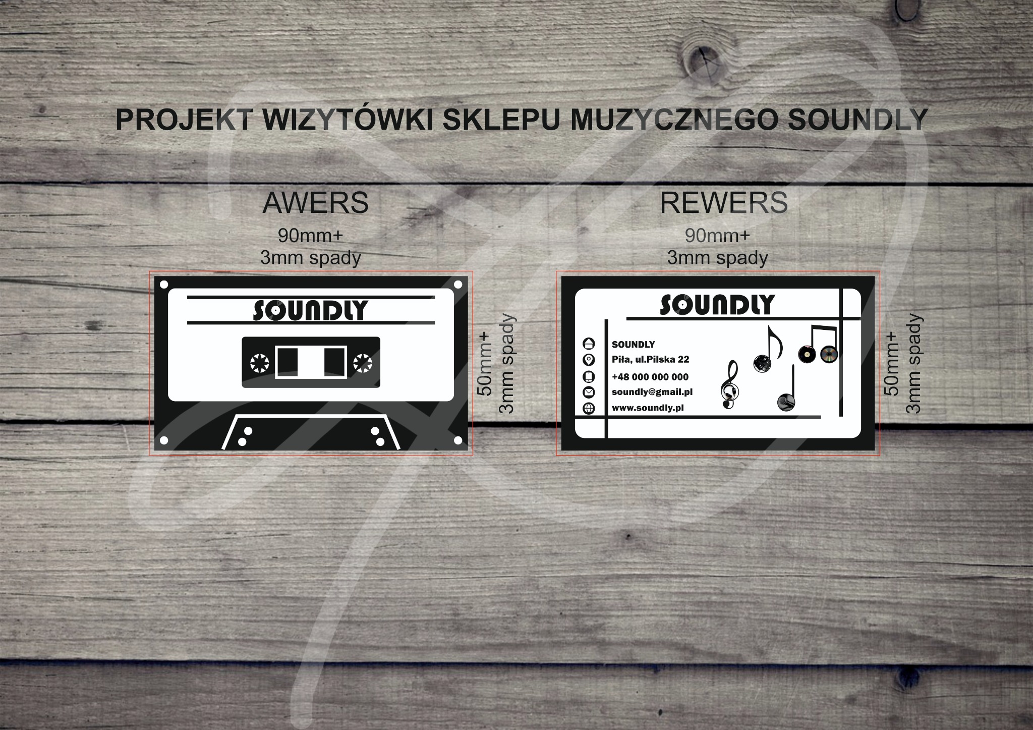 Projekt dwustronnej wizytówki sklepu muzycznego Soundly z grafiką kasety magnetofonowej i nut na tle drewnianych desek.