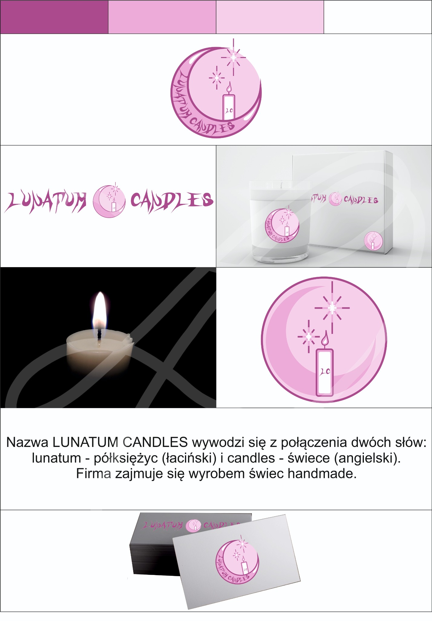Zestawienie elementów identyfikacji wizualnej marki świec handmade: logo, nazwa, opakowanie produktu, płonąca świeca oraz wizytówki, wszystko utrzymane w odcieniach fioletu.