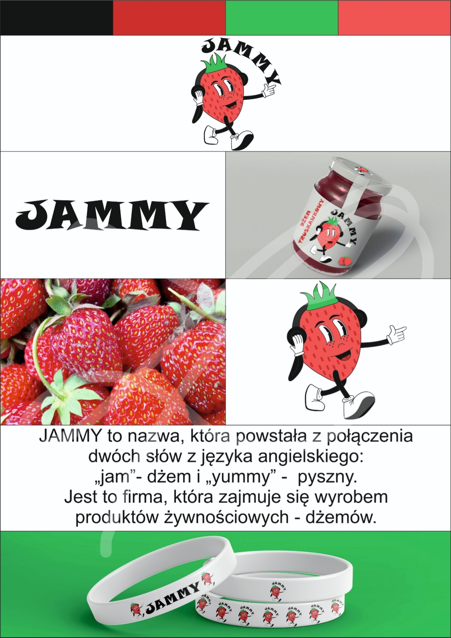 Zestawienie elementów identyfikacji wizualnej marki dżemów: logo z antropomorficzną truskawką, słoik dżemu z etykietą, świeże truskawki, tekst informacyjny o nazwie marki oraz silikonowe...