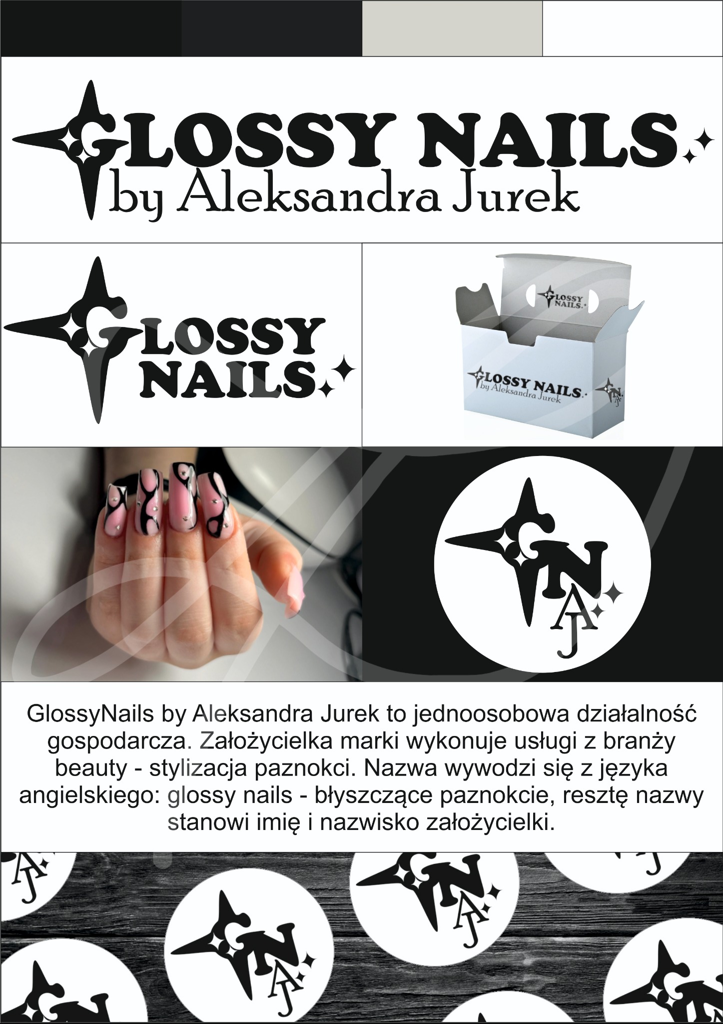 Kolaż z logo firmy Glossy Nails by Aleksandra Jurek, pudełka z logo oraz dłoni z pomalowanymi paznokciami w kolorze różowym i czarnym z drobnymi zdobieniami.