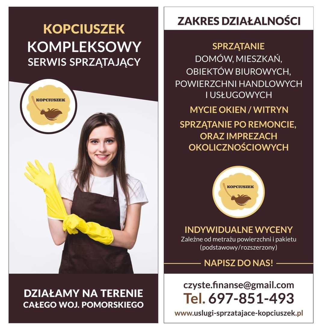 Plakat reklamowy firmy sprzątającej Kopciuszek z uśmiechniętą kobietą w żółtych rękawicach, prezentujący zakres usług obejmujący sprzątanie domów, biur i po remontach na terenie województwa...
