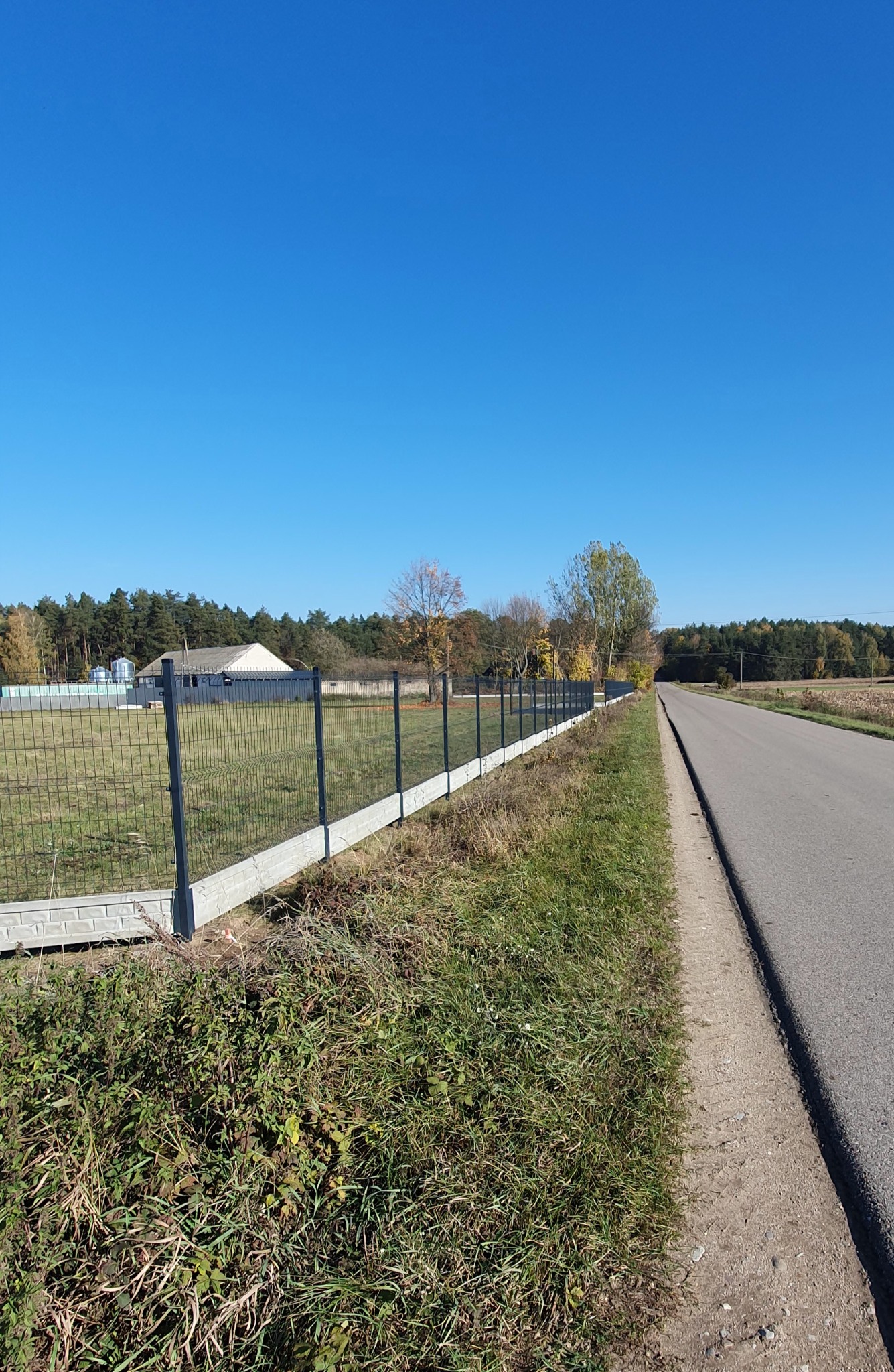Długa siatka ogrodzeniowa z podmurówką betonową, biegnąca wzdłuż drogi asfaltowej, za nią pole i budynek. Słoneczny dzień, błękitne niebo.