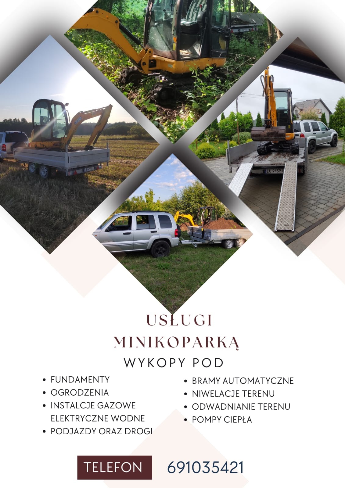 Kompozycja zdjęć minikoparki: na przyczepie, w trakcie pracy w ziemi, oraz ciągniętej przez srebrnego Jeepa Cherokee; reklama usług minikoparką.