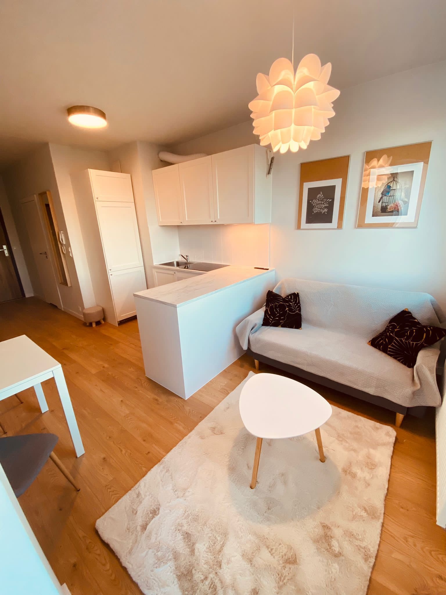 Jasne, nowocześnie urządzone mieszkanie z aneksem kuchennym, białymi meblami, drewnianą podłogą i puszystym dywanem w odcieniach beżu.