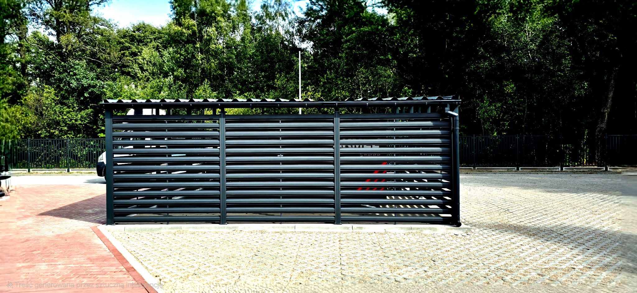 Nowoczesna, metalowa wiata śmietnikowa z poziomymi panelami, zadaszeniem z blachy trapezowej i rynną, na tle zieleni i parkingu z ażurowych płyt.