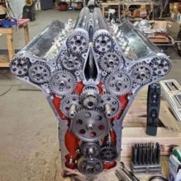 Widok z przodu silnika V-kształtnego z widocznymi licznymi zębatkami i czerwonym wnętrzem bloku, narzędzia warsztatowe leżą obok.