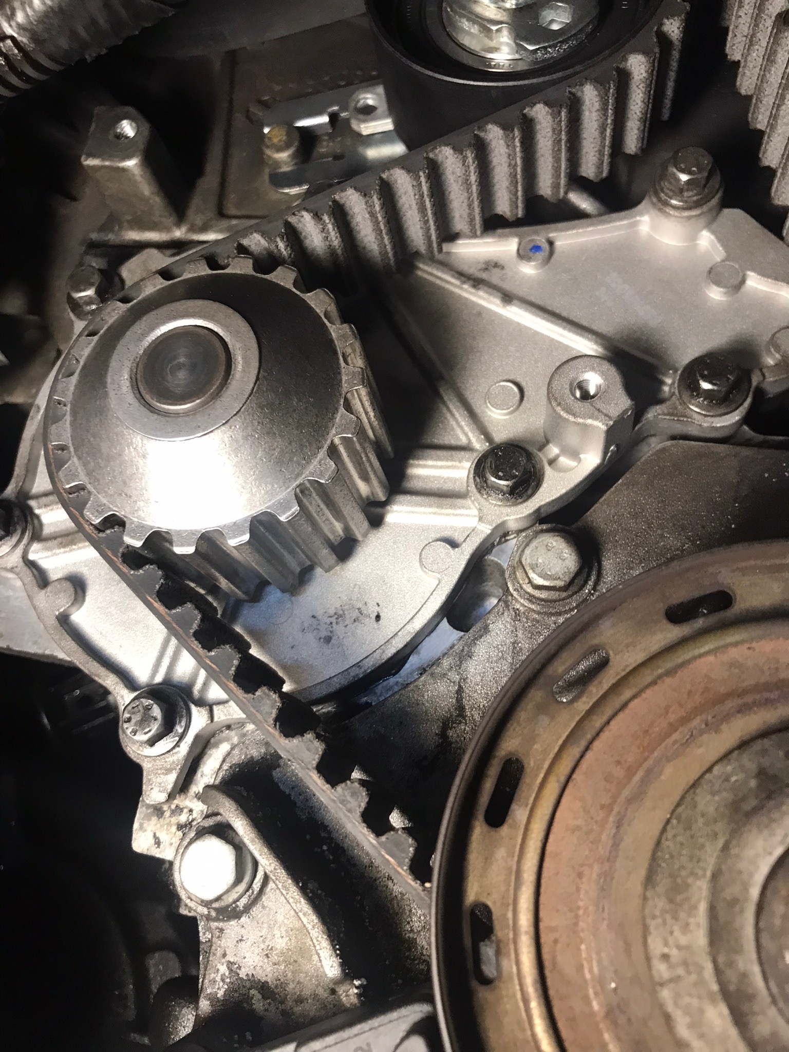 Szczegółowe ujęcie silnika samochodowego z widocznym paskiem rozrządu, kołem pasowym, pompą wody i elementami mocującymi, ukazujące skomplikowaną konstrukcję i zużycie eksploatacyjne.