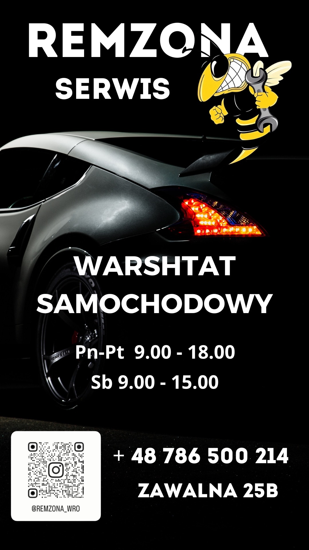 Grafika reklamowa warsztatu samochodowego REMZONA z sylwetką sportowego auta, logo firmy w postaci pszczoły z kluczem i informacjami kontaktowymi oraz godzinami otwarcia.