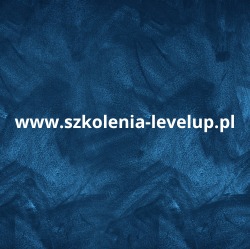 Adres strony internetowej www.szkolenia-levelup.pl na abstrakcyjnym, ciemnoniebieskim tle z efektem malowania pędzlem.