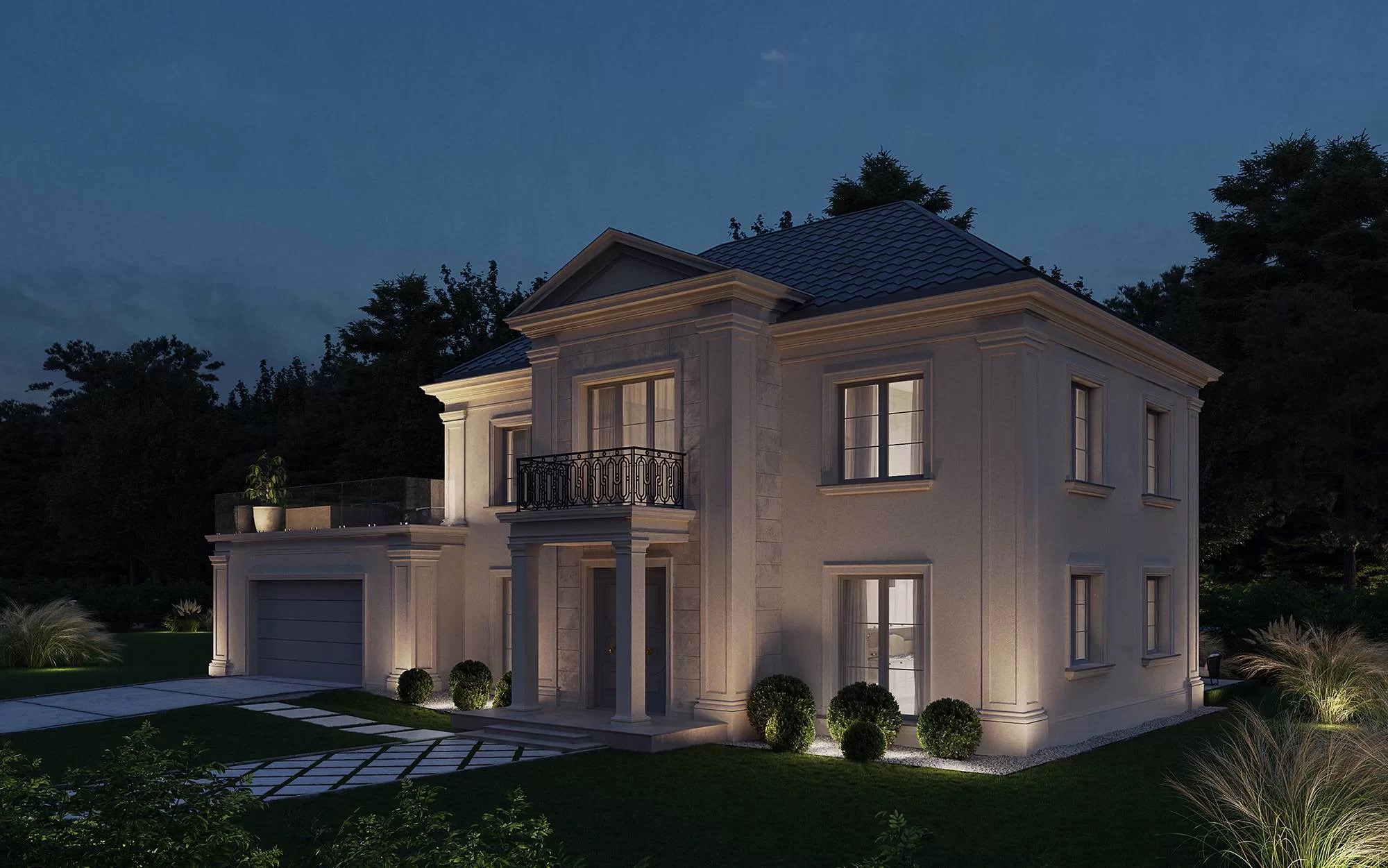 Elegancki, dwukondygnacyjny dom z balkonem i garażem wbudowanym, oświetlony punktowymi lampami w nocy, otoczony zielenią.