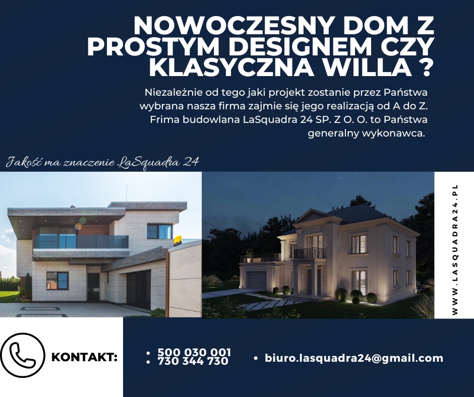 Porównanie wizualizacji: nowoczesny dom z płaskim dachem i dużymi przeszkleniami w jasnej kolorystyce oraz klasyczna willa z balkonem i kolumnami, otoczona zielenią, na tle granatowej grafiki...